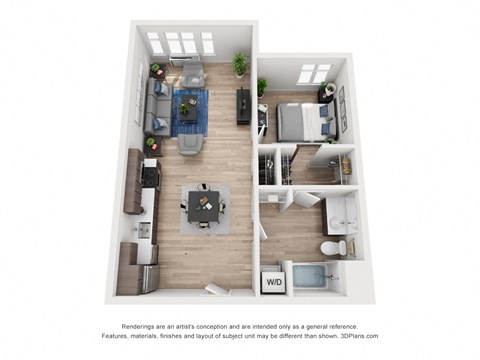 Floor plan for 1 bed, 1 bath, 709 sqft